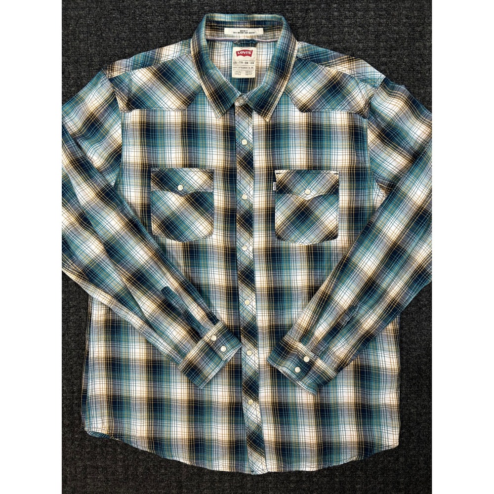 Levis Western Cowboy Shirt Mens XXL Blue Teal Plaid Pearl Snap Front Modern Fit